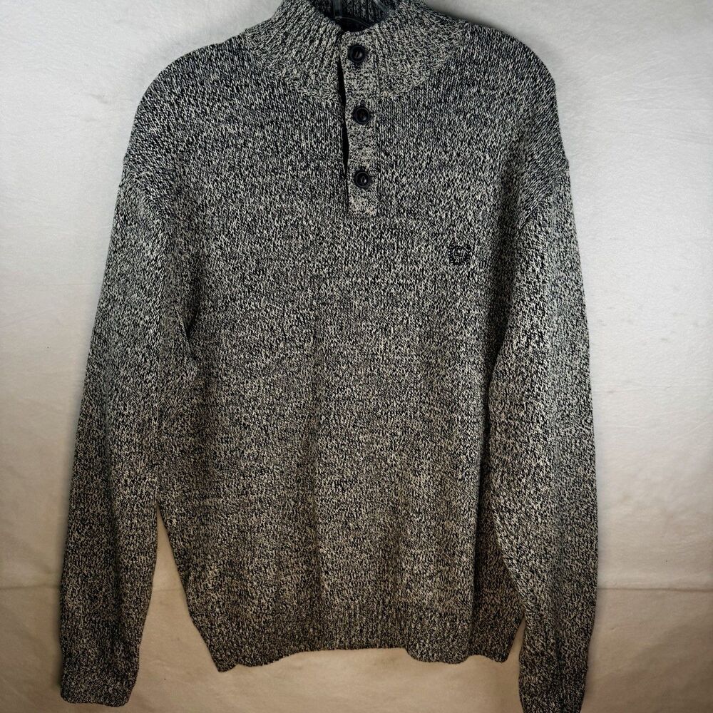 Chaps Sweater Black/Cream Mock Neck 1/4 Buttons Elbow Patch Academia Preppy Sz L